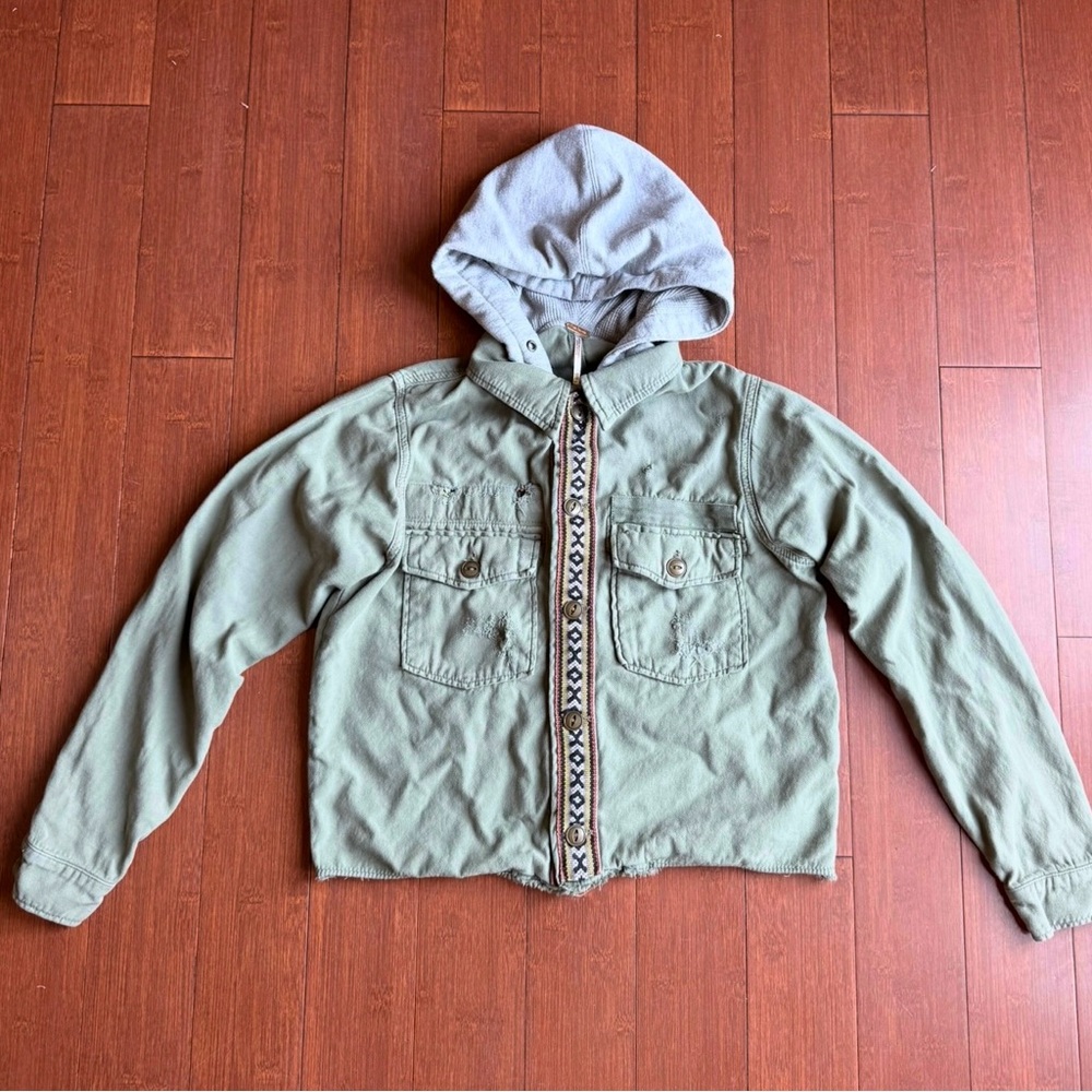 Free People‎ Distressed Olive Green Hooded Jacket with Patterned Trim